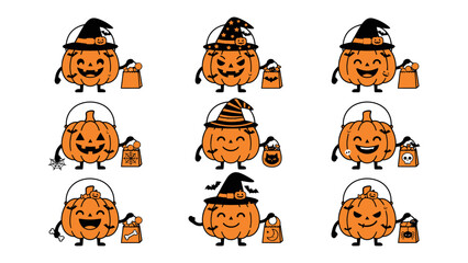 Fototapeta premium Set of Halloween Pumpkin Characters: A delightful collection of cartoon pumpkins dressed in witch hats and carrying treat bags, each with a unique and mischievous carved face.