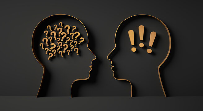 Two 3D silhouette of a head with question and exclamation marks inside on dark background - 3d illustration