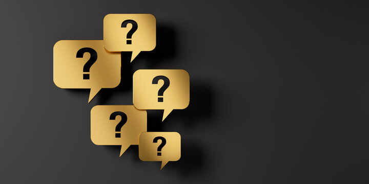 Golden question mark speech bubbles in front of a dark wall with copy space to the right - 3D illustration