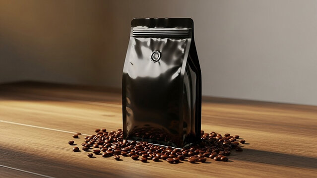 Shiny Black Coffee Bag Surrounded by Beans on Wood
