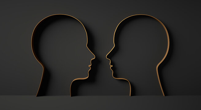 Two mirrored golden head outlines facing each other in front of a dark wall - 3D illustration