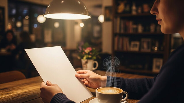 Person Reads Document over Coffee in Cozy Cafe