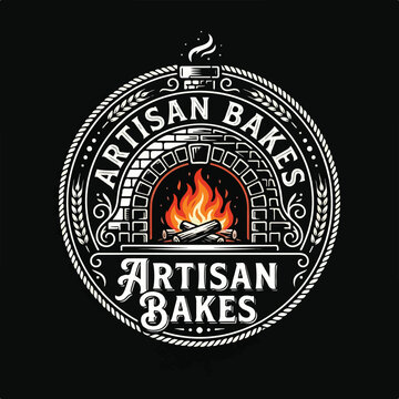 Artisan Bakes bakery emblem with wood fired brick oven and flame logo design.