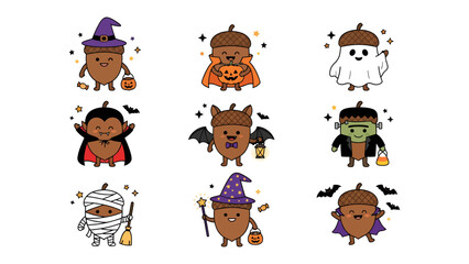 Halloween Acorn Characters: A delightful collection of adorable acorn characters dressed in various Halloween costumes, including a witch, vampire, ghost, mummy, and monster. © Rahimatul