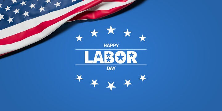 The wrinkled flag of the USA draped onto a flat dark blue surface and the text "Happy Labor Day"