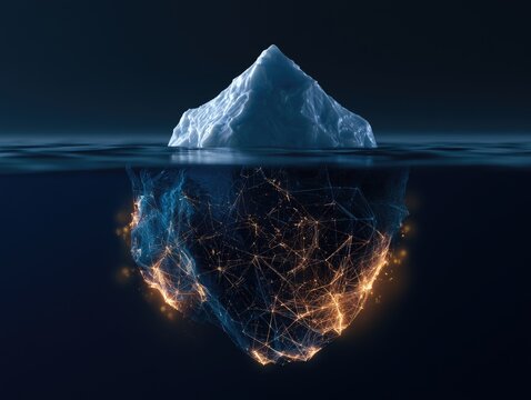Abstract iceberg with glowing network beneath the surface