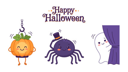 Naklejka premium Spooky Friends Halloween Celebration: A whimsical illustration features a smiling pumpkin, a dapper spider in a top hat, and a shy ghost peeking from behind a curtain.