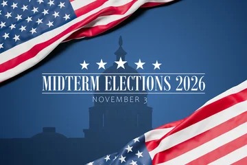 The wrinkled flag of the USA draped onto a blue surface with capitol silhouette and the text "Midterm Elections 2026 - November 3". Web banner © Andreas Prott