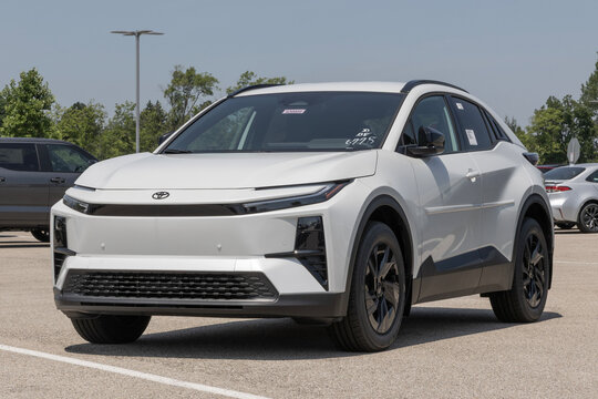 Toyota C-HR SE AWD All Electric Compact SUV display. Toyota offers the C-HR with up to 287 miles driving range. MY:2026