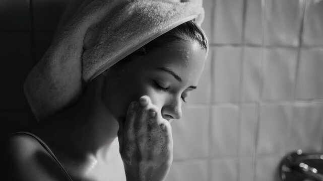 A woman gently washes her face in a bathroom mirror. She is using a wet cloth or towel to cleanse and refresh her skin. The captures the tranquil moment of self-care during a daily routine.