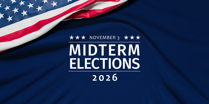 The wrinkled flag of the USA draped onto a dark blue velvet surface and the text "November 3 - Midterm Elections 2026"