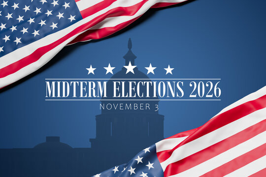 The wrinkled flag of the USA draped onto a blue surface with capitol silhouette and the text "Midterm Elections 2026 - November 3". Web banner