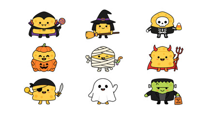 Fototapeta premium Cute Halloween Characters: A collection of nine adorable, simplified Halloween-themed characters in a playful grid. From vampires to ghosts and Frankenstein.