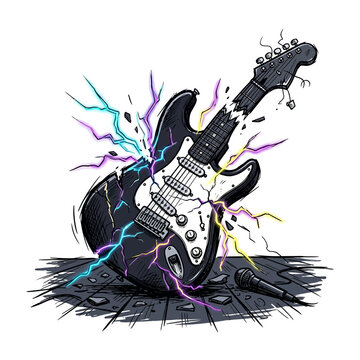 Electric guitar exploding with colorful energy bursts and microphone on stage