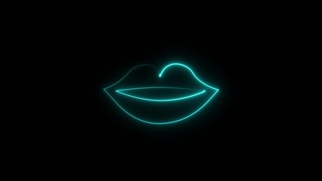 Neon cyan line lips sign icon. neon Close-up of woman's lips with vibrant highlighted by neon lights lip icon animation.
