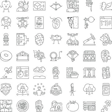 Diverse collection of line icons representing a broad range of themes including food, technology, science, nature, business, and education, ideal for digital design projects and user interfaces