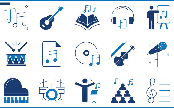 A set of icons related to Music. Music, song, musical instruments, book, coaching, class, file, and so on.