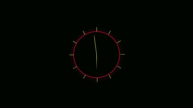 Abstract minimalist clock animation featuring a red circular frame and yellow hands rotating rapidly on a black background with alpha channel for motion graphics