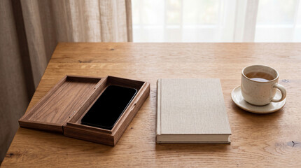 Fototapeta premium Smartphone Put Away in a Wooden Box for a Calm Digital Detox Ritual