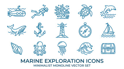 Deep sea marine exploration and ocean life icons. © Maria