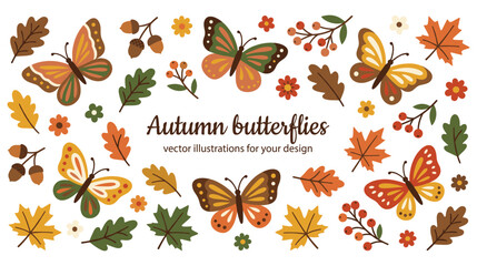 Obraz premium Autumn butterflies vector illustrations for your design, fall season nature elements.