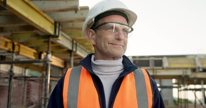 Thinking, man and construction worker on site with planning for inspection on property development. Review, project and mature civil engineer with decision for renovation, repairs or building.