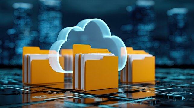 Digital cloud storage with file folders in a futuristic city background