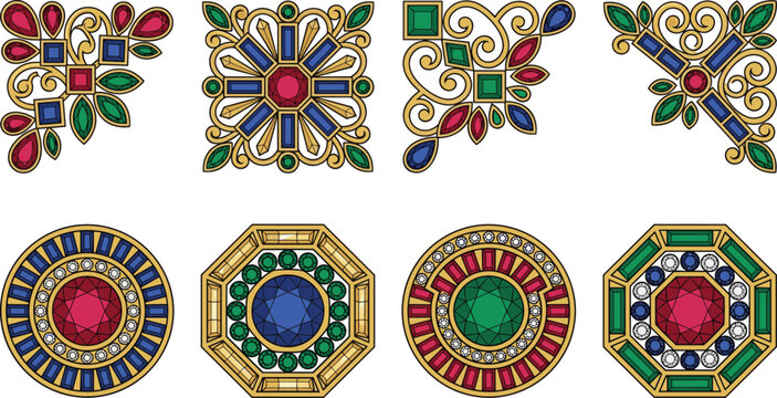 Vintage Gold Jewelry Corner Borders and Royal Medallion Icons Set with Precious Rubies, Emeralds, Sapphires, and Diamonds for Ornate Graphic Frameworks
