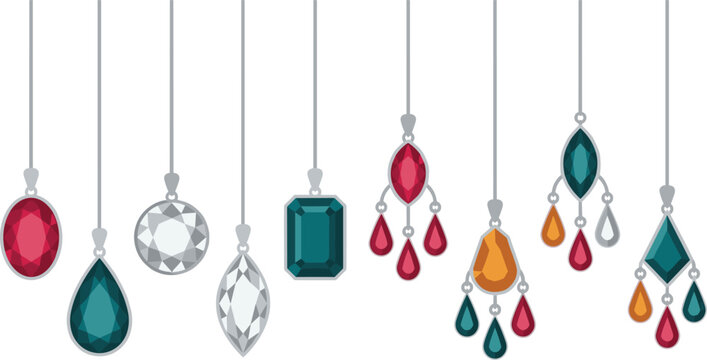 Elegant Hanging Gemstone Pendant and Chandelier Earring Vector Set Featuring Luxury Crystals, Precious Jewels, and Diamond Charms for High-End Jewelry Fashion Design