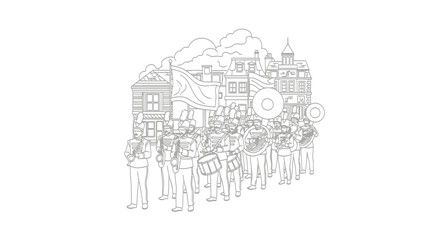 Obraz premium Line drawing of a marching band playing instruments in a city parade with buildings, flags, and clouds in the background.