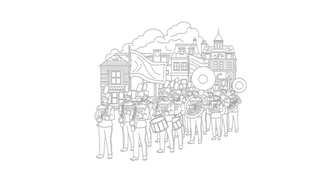 Line drawing of a marching band playing instruments in a city parade with buildings, flags, and clouds in the background.