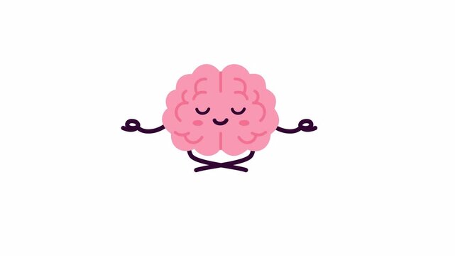 Cute cartoon brain meditating in lotus pose. Flat 2D animation with transparent background and alpha channel for mindfulness, wellness, psychology, and educational videos.