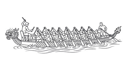 Dragon boat racing team rowing in line art sketch. © Maria