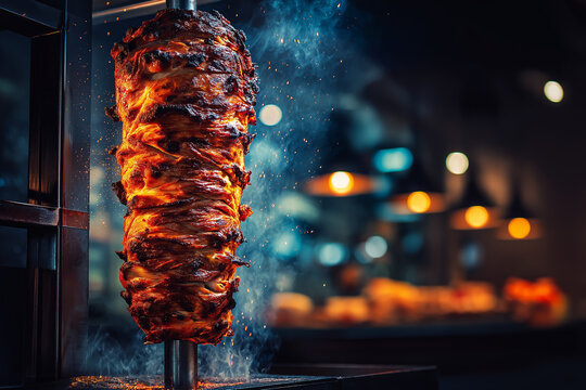 Juicy shawarma meat rotating on a vertical rotisserie spit with smoke and sparks in a restaurant kitchen 