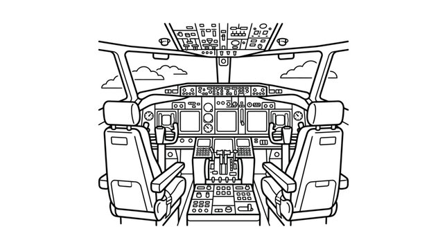 Sleek Black and White Line Drawing of Modern Aircraft Cockpit Interior with Pilot Seats and Control Panels