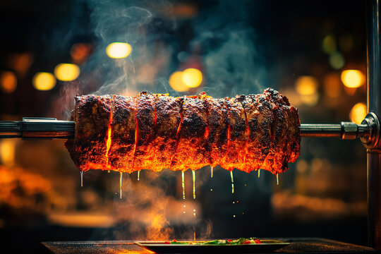 Juicy meat roasting on a horizontal rotisserie spit with dripping juices and sparks against a blurry fire background 