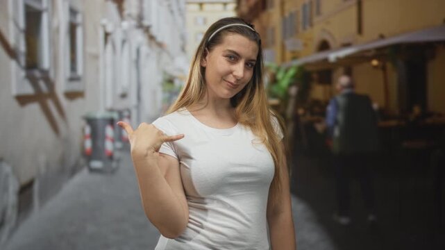 Woman pointing thumb to herself and making a phone gesture while smiling in a narrow street cafe; playful confidence.