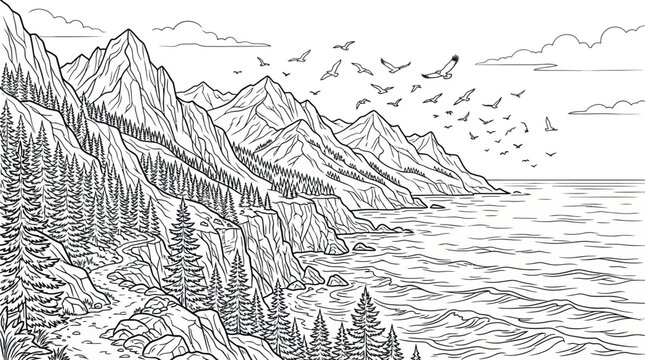 Dramatic coastal cliffs and mountain landscape line art drawing.