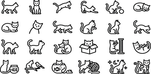 Obraz premium Cute Cat and Pet Behavior Line Icon Set Featuring Feline Activities, Playing, Sleeping, Scratching Post, Domestic Kitten Breeds, and Veterinary Symbols for Animal Lovers Websites