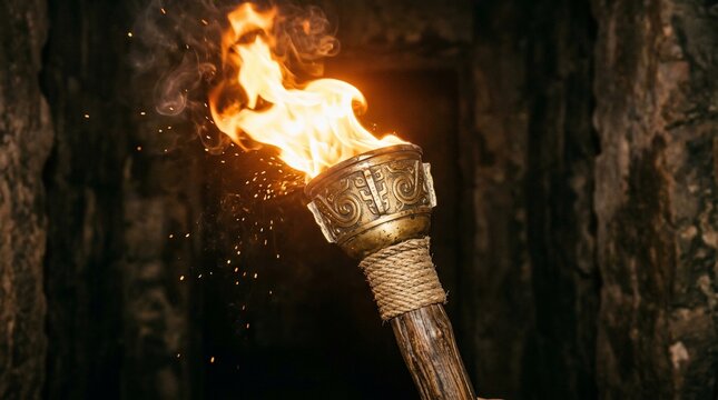 burning ancient torch in dark stone corridor