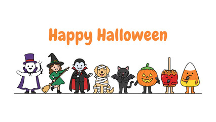 Fototapeta premium Happy Halloween Characters: A charming illustration depicts a lineup of iconic Halloween characters, including a ghost, witch, vampire, mummy, black cat, pumpkin, candy apple, and candy corn.