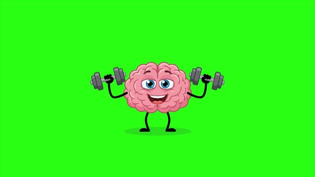 Funny Cartoon Brain Lifting Dumbbells Animation &ndash; Mental Fitness and Brain Training Concept Isolated on Green Screen and White Background
