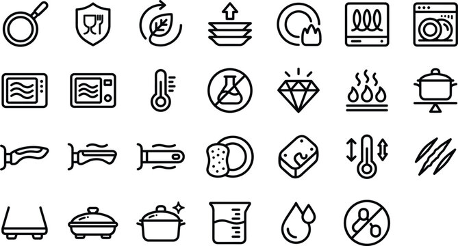 Cookware and Kitchen Utensil Property Line Icon Set Featuring Dishwasher Microwave Safe Heat Resistant Food Grade and Material Care Symbols for Product Packaging