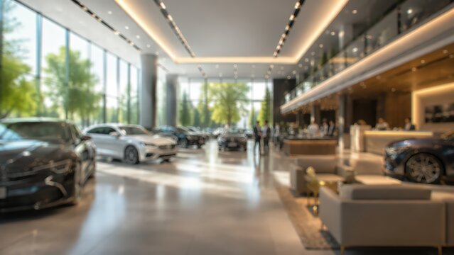 Luxury car dealership showroom blurred background interior auto boutique sales center automotive trade retail store modern car shop exhibition hall