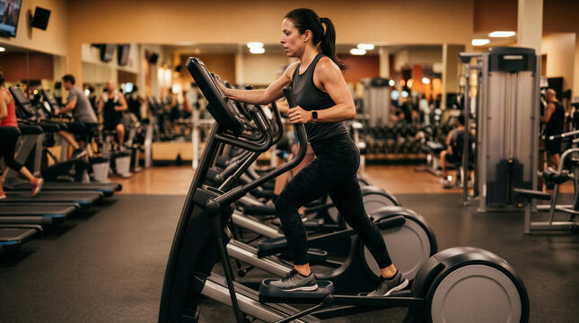 Woman on elliptical machine in busy gym