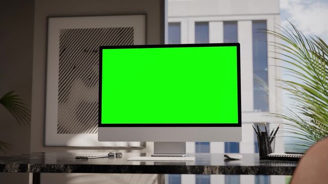 Computer Green Screen In Modern Executive High Office - Camera Orbit
