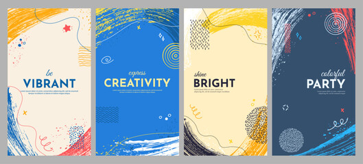 Vector illustration. Bright summer vertical background. Wavy paint brush strokes banner with hand drawn doodle elements. Trendy abstract design for flyer, leaflet, coupon, invitation. Flat style © VVadi4ka