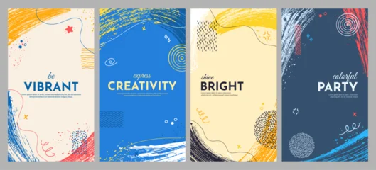 Vector illustration. Bright summer vertical background. Wavy paint brush strokes banner with hand drawn doodle elements. Trendy abstract design for flyer, leaflet, coupon, invitation. Flat style © VVadi4ka