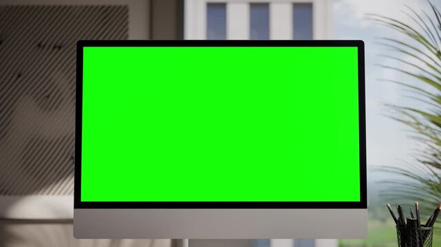 Computer Green Screen In Modern Executive High Office - Front View Zoom in