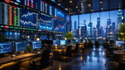 Fototapeta premium blurred stock market trading floor background financial office city skyline night bokeh business investment data charts corporate high tech interior